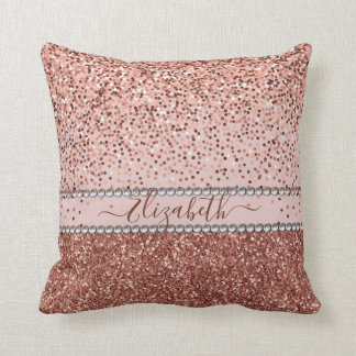 Stylish Girly Rose Gold Glitter Rhinestone Name Throw Pillow