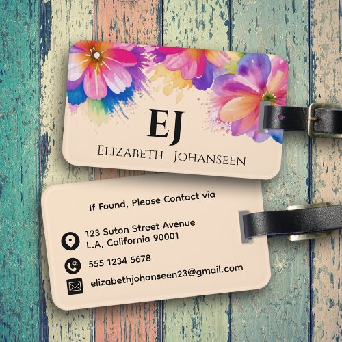 Stylish Girly Tropical Watercolor Flower Monogram Luggage Tag