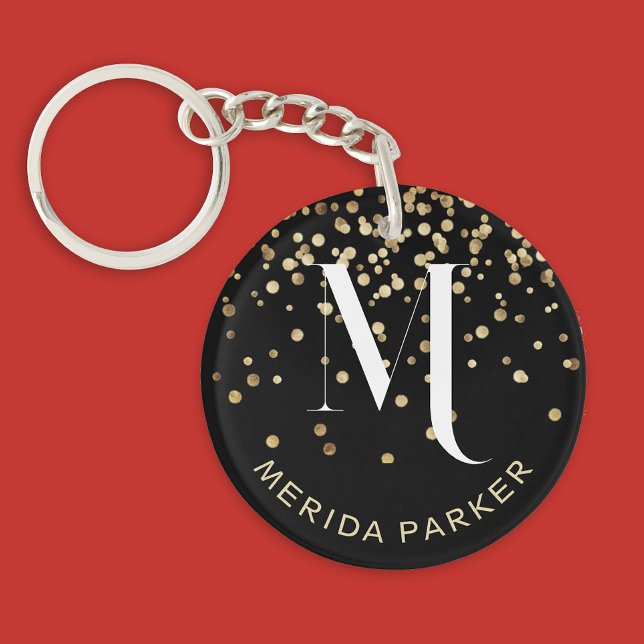 Stylish Glam Black Gold Glitter Initial Monogram  Keychain (Creator Uploaded)