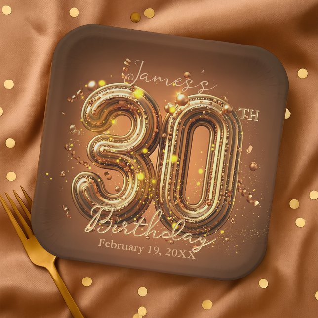Stylish Glam Brown and Gold 30th Birthday Paper Plates (Creator Uploaded)