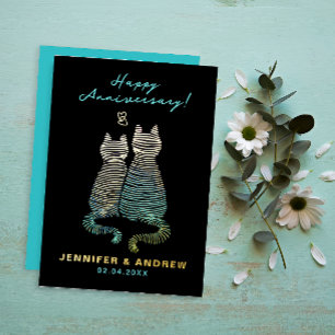 Stylish Glam Cute Anniversary Gradient Blue Cats Foil Invitation