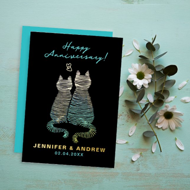 Stylish Glam Cute Anniversary Gradient Blue Cats  Foil Invitation (Creator Uploaded)