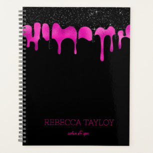 Stylish Glam Dripping Glitter Black Hot Pink Name Planner