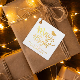Stylish Glam Merry And Bright Christmas Bird Typo Foil Favor Tags