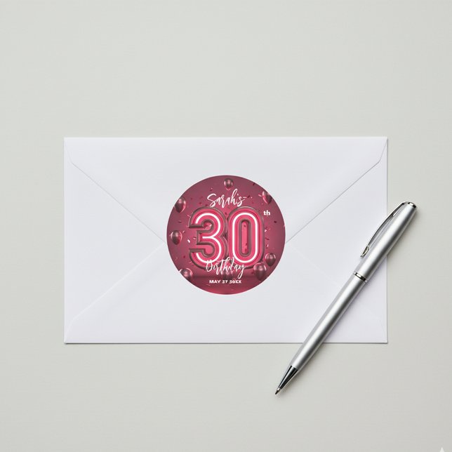 Stylish Glam Neon Fuchsia Pink 30th Birthday Classic Round Sticker (Creator Uploaded)