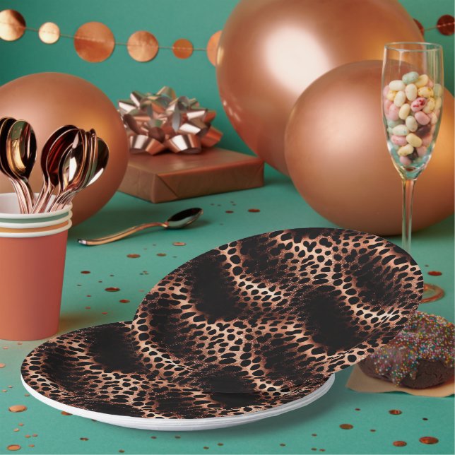 Stylish Glam Rose Gold Black Leopard Paper Plates (Multi)