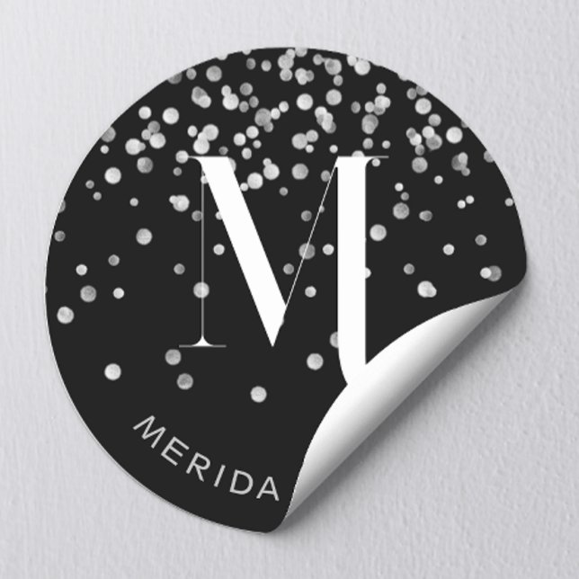 Stylish Glam Silver Glitter Name Black Monogram  Classic Round Sticker (Creator Uploaded)