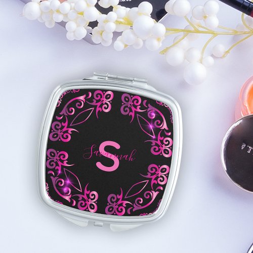 Stylish Glam Sparkly Modern Baroque Black And Pink Compact Mirror