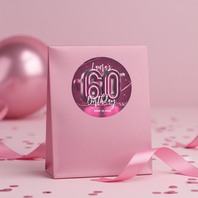 Stylish Glam Vibrant Pink Neon Glow 60th Birthday Classic Round Sticker (Creator Uploaded)