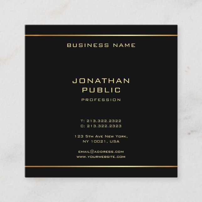 Stylish Glamorous Black And Gold Elegant Template Square Business Card (Front)
