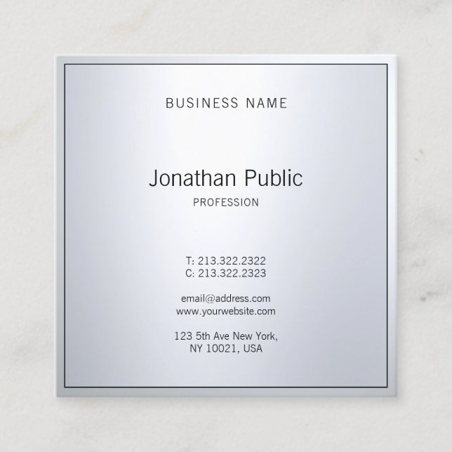 Stylish Glamour Silver Modern Professional Plain Square Business Card (Front)