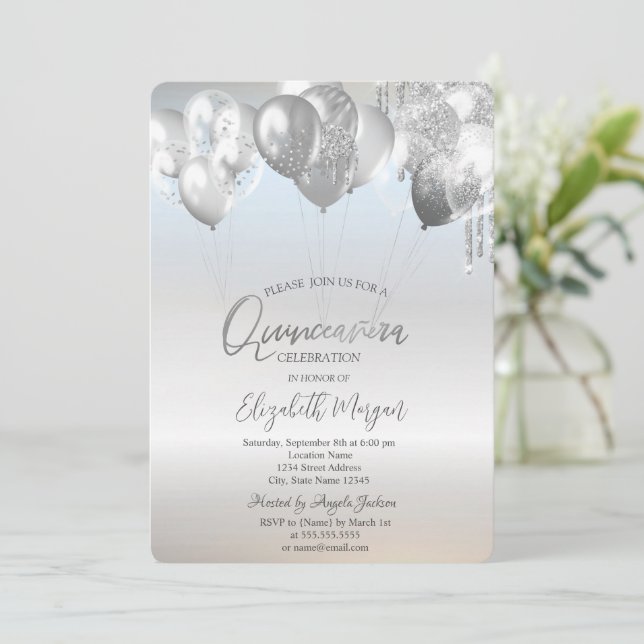 Stylish Glitter Drips Balloons Silver Quinceañera Invitation (Standing Front)