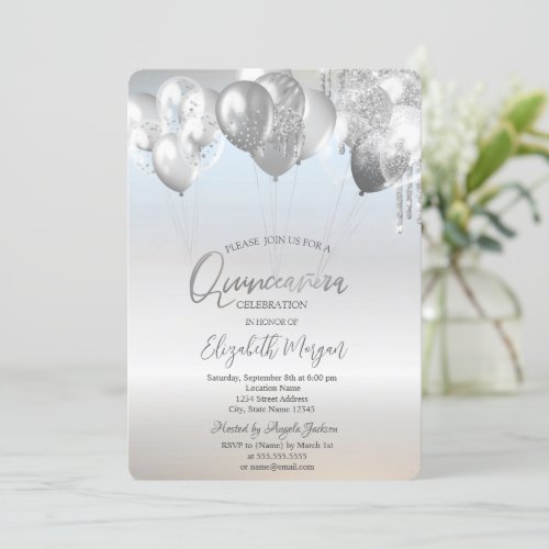 Stylish Glitter Drips Balloons Silver Quinceaera Invitation