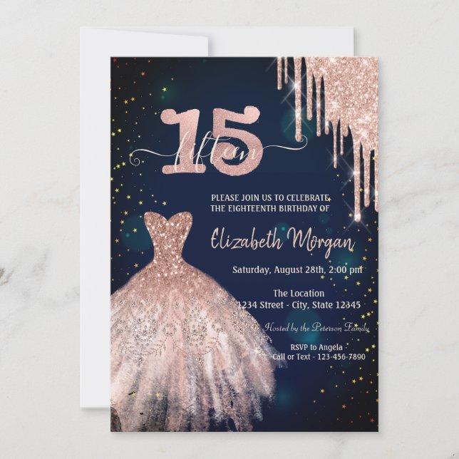 Stylish Glitter Drips Dress Navy Blue 15th  Invitation (Front)