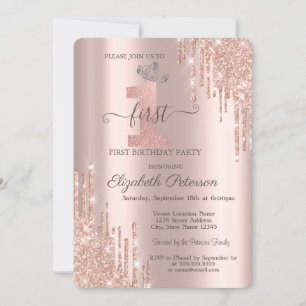 Stylish Glitter Drips Rose Gold Silver Tiara 1st  Invitation