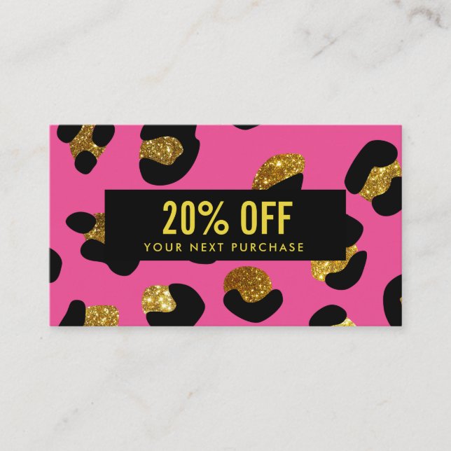 Stylish Glitter Gold Fuchsia Leopard Coupon Card (Front)