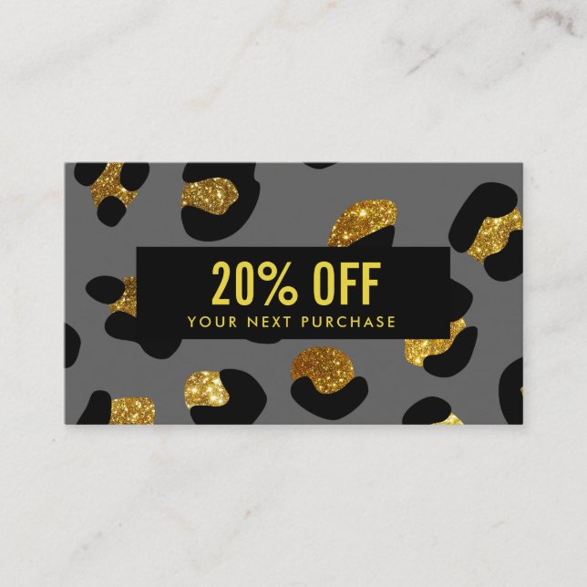 Stylish Glitter Gold Gray Leopard Coupon Card (Front)