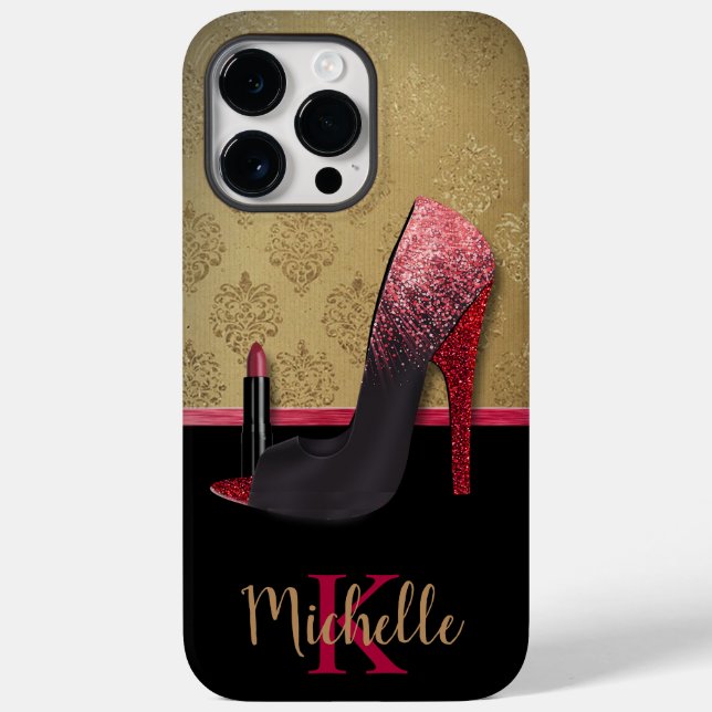 Stylish Glitter Heel, Lipstick, & Monogram Case-Mate iPhone Case (Back)