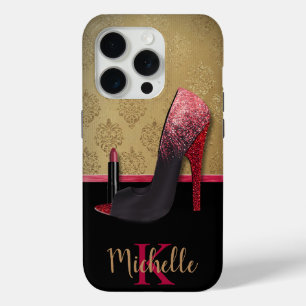 Stylish Glitter Heel, Lipstick, & Monogram iPhone 15 Pro Case