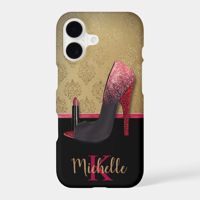 Stylish Glitter Heel, Lipstick, & Monogram iPhone Case (Back)