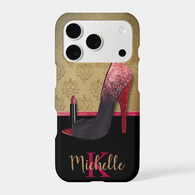 Stylish Glitter Heel, Lipstick, & Monogram Iphone Case (Back)