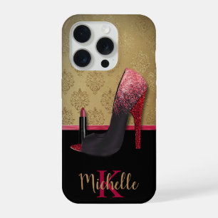 Stylish Glitter Heel, Lipstick, & Monogram iPhone 15 Pro Case