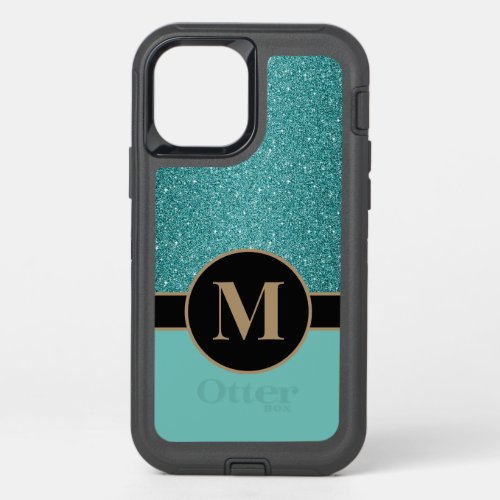 Stylish Glitter Teal Black Gold Monogram OtterBox Defender iPhone 12 Case