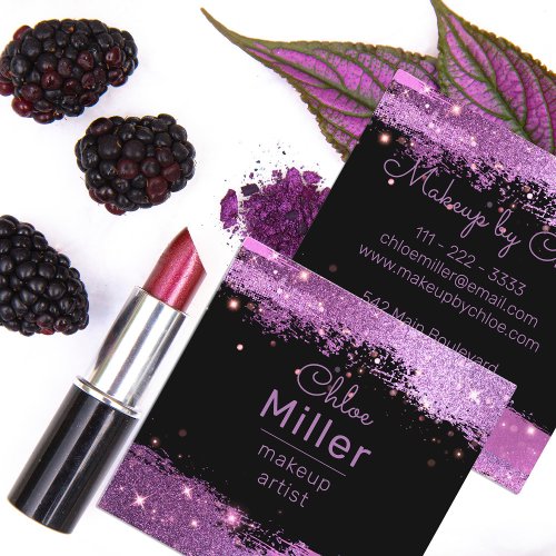 Stylish Glittery Magenta And Black Makeup Artist Square Business Card