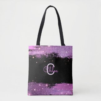 Stylish Glittery Magenta And Black Name & Inital  Tote Bag