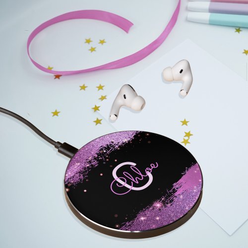 Stylish Glittery Magenta And Black Name  Inital Wireless Charger