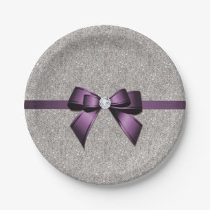 Stylish Glitzy Sequins, Purple Bow & Ribbon Paper Plates