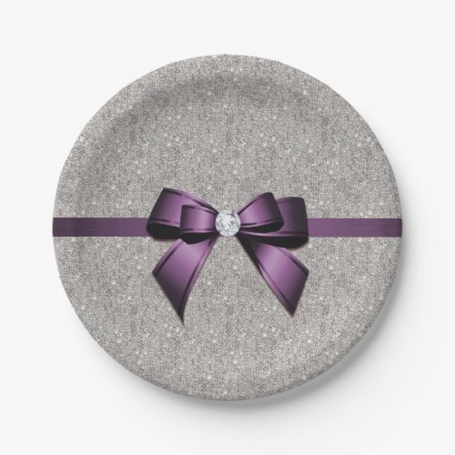 Stylish Glitzy Sequins Purple Bow  Ribbon Paper Plates