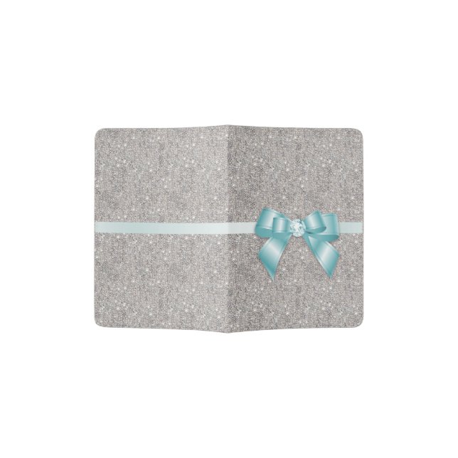 Stylish Glitzy Sequins, teal Bow & Ribbon Passport Holder (Opened)