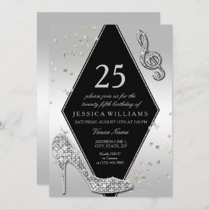 Stylish Glitzy Silver 25th Birthday Invitation