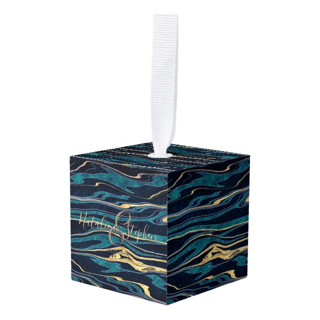 Stylish gold abstract marbleized wedding design cube ornament (Front Angled)