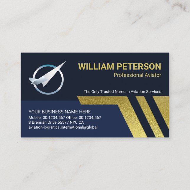 Stylish Gold Airplane Runway Aviator Business Card (Front)
