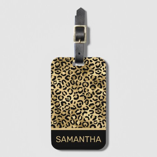 Stylish Gold and Black Foil Leopard Spots Pattern Luggage Tag