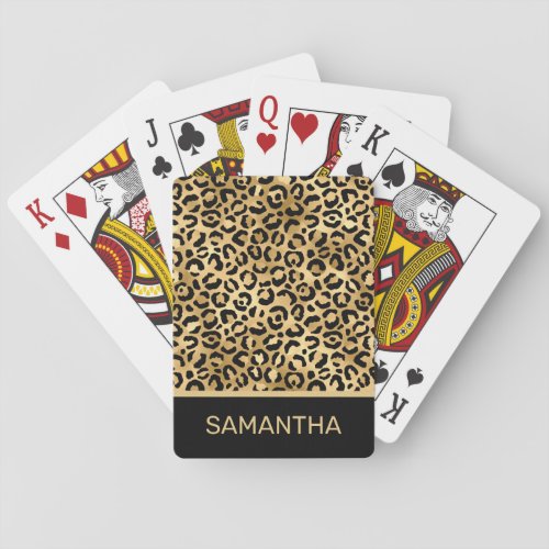 Stylish Gold and Black Foil Leopard Spots Pattern Poker Cards