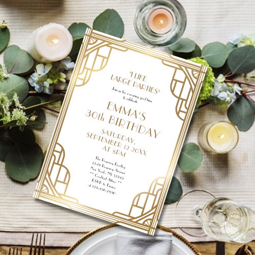 Stylish Gold and White Gatsby 30th Birthday Party Invitation