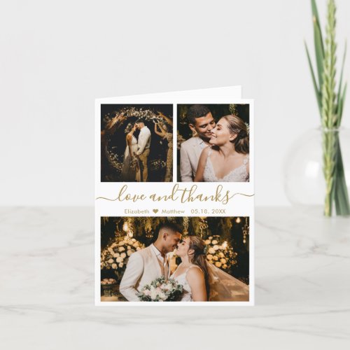 Stylish Gold and White Wedding Photo Collage Thank You Card
