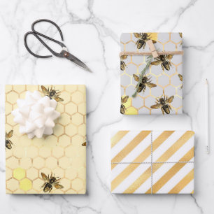 Stylish Gold Bees Honeycomb Honey Stripes Wrapping Paper Sheets