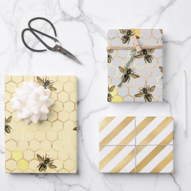 Stylish Gold Bees Honeycomb Honey Stripes Wrapping Paper Sheets (Front)