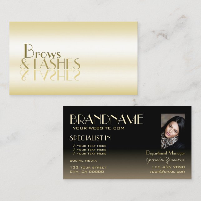 Stylish Gold Black Chic Mirror Letters with Photo Business Card (Front/Back)