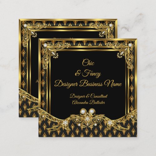 Stylish Gold Black Damask Elegant Designer Square Business Card