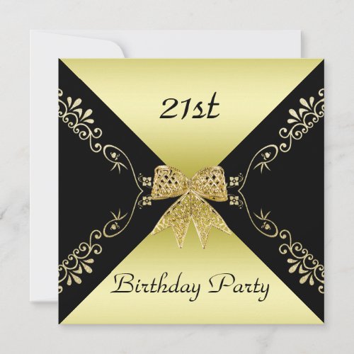 Stylish Gold  Black Decorative Bow 21st Birthday Invitation