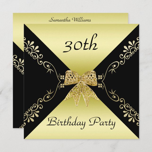 Stylish Gold & Black Decorative Bow 30th Birthday Invitation (Front/Back)