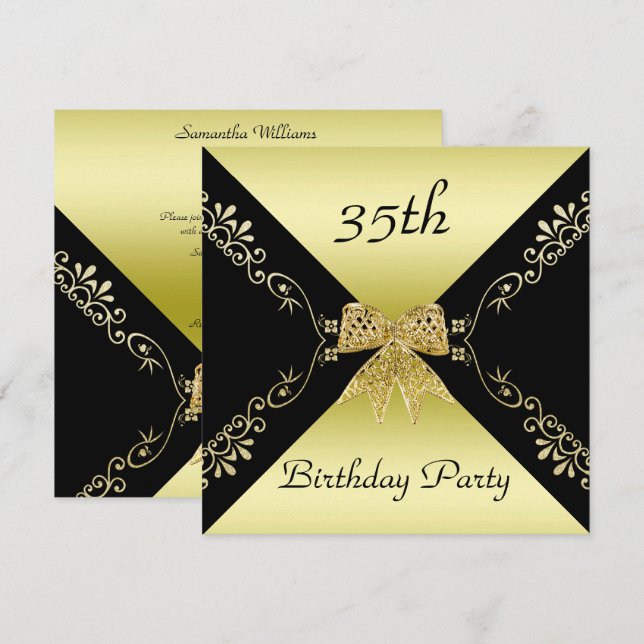 Stylish Gold & Black Decorative Bow 35th Birthday Invitation (Front/Back)