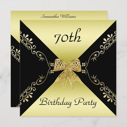 Stylish Gold  Black Decorative Bow 70th Birthday Invitation