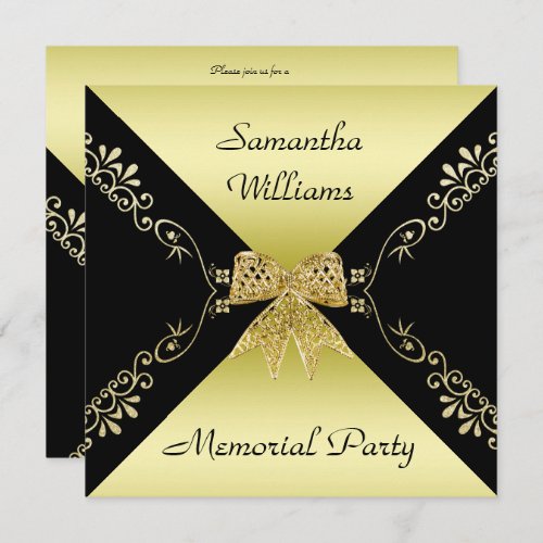 Stylish Gold  Black Decorative Bow Memorial Party Invitation