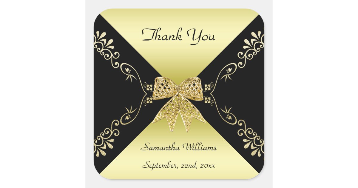Stylish Gold & Black Decorative Bow Thank You Square Sticker | Zazzle